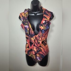 Red Carter Bird of Paradise Ruffle Halter One Piece Swim Suit sz M